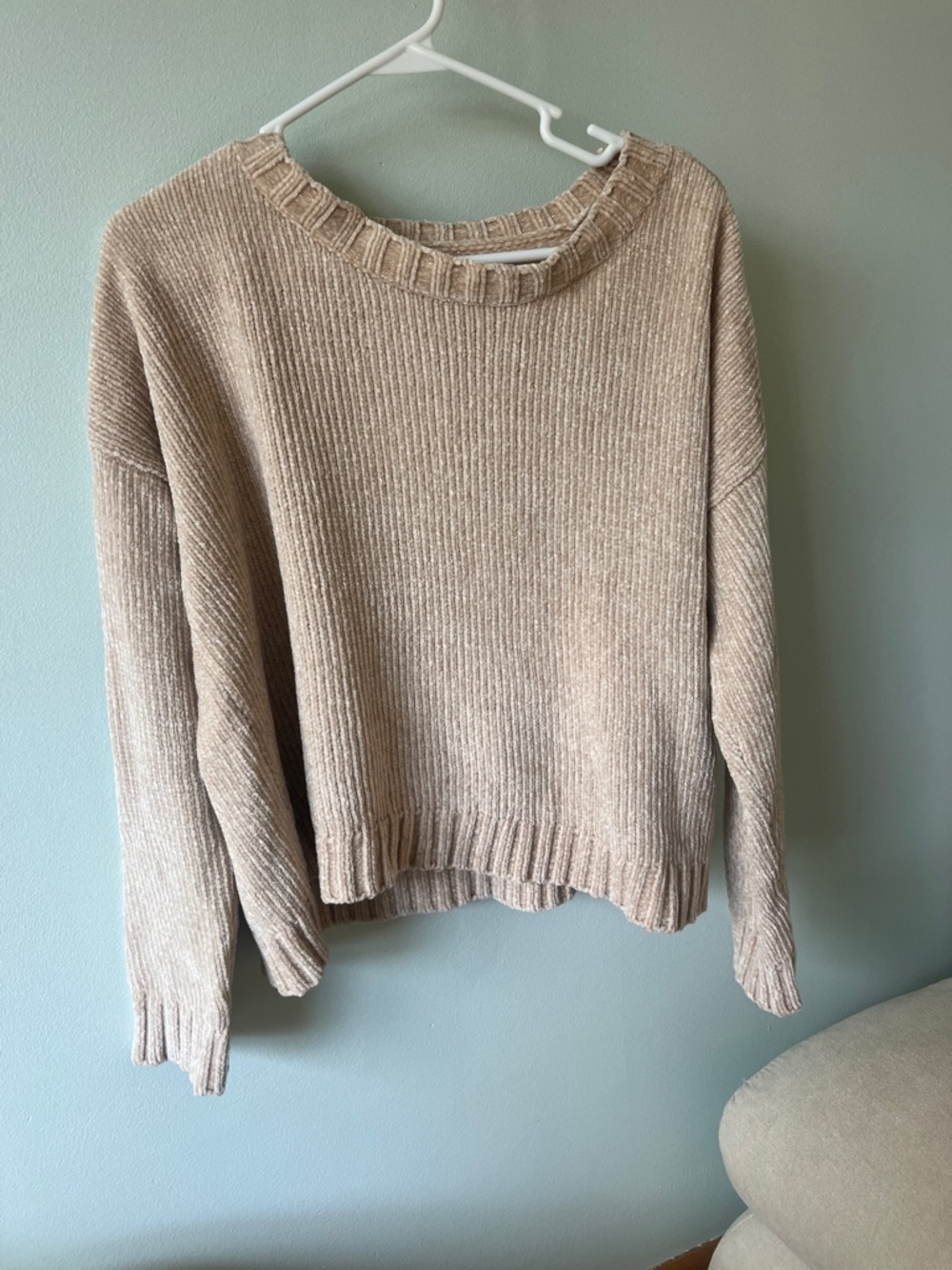 aerie Neutral Beige Ribbed Crewneck Sweater